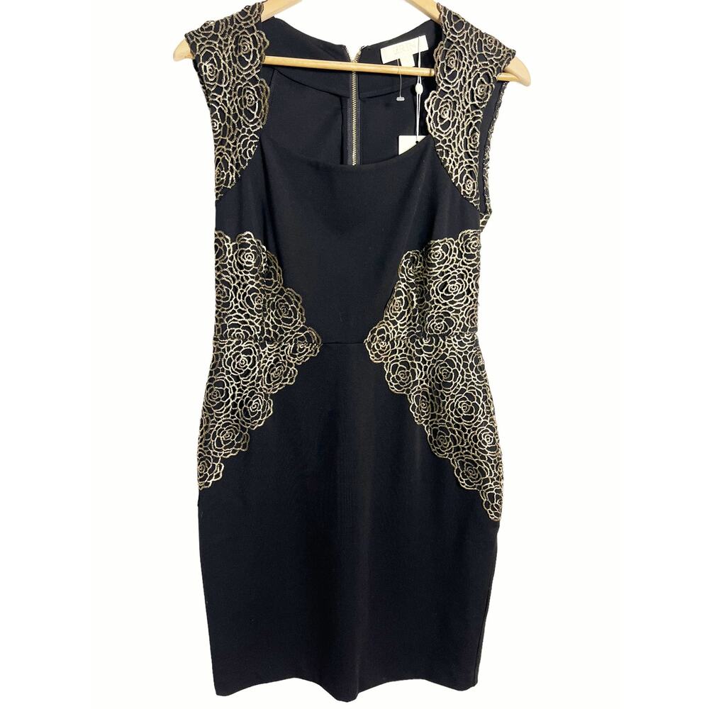 Erin by Erin Fetherston Shelby Black Gold Appliqué Sheath Cocktail Dress Size 4